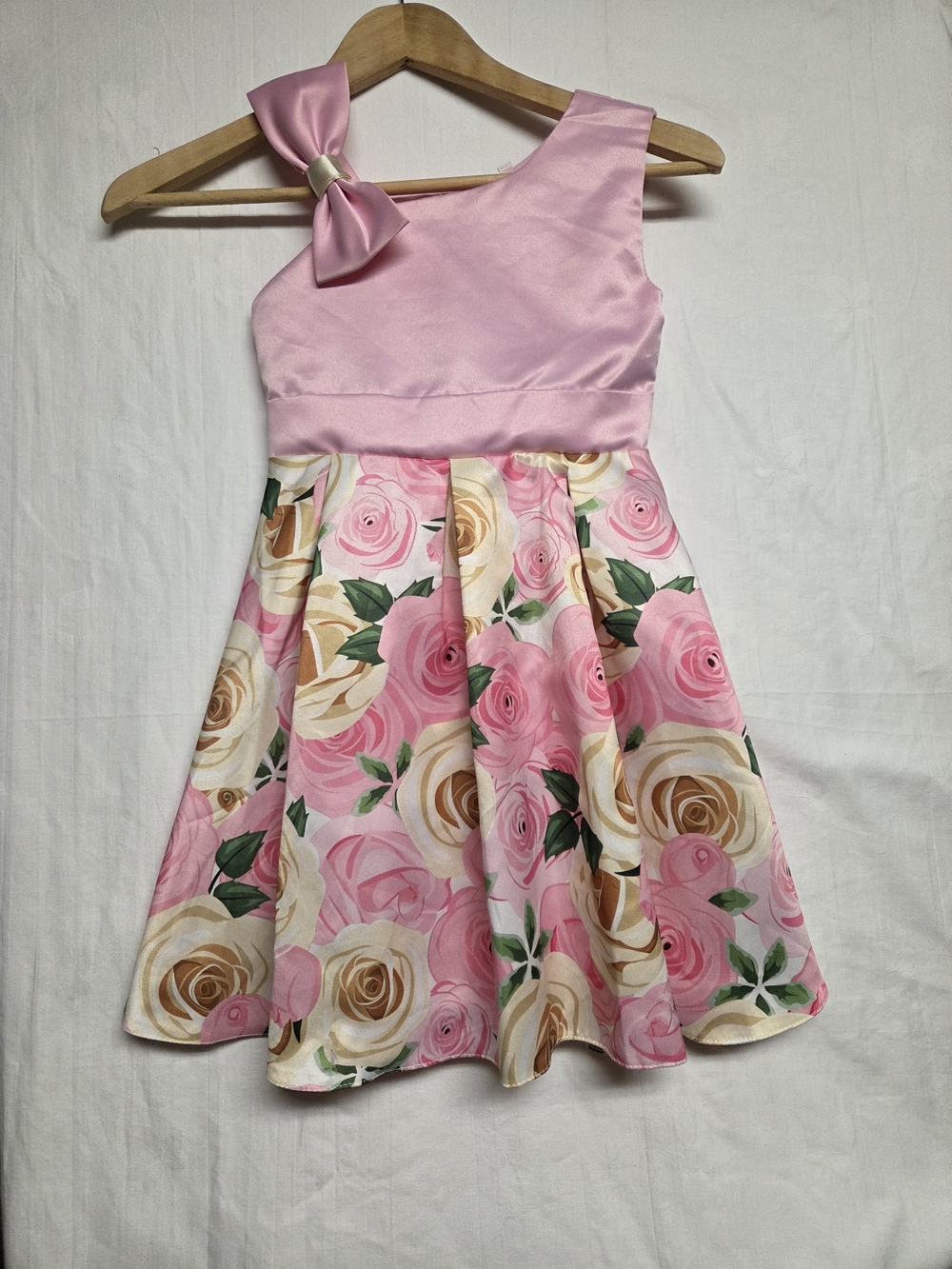 Girls' Pink Floral Satin Party Dress with Bow